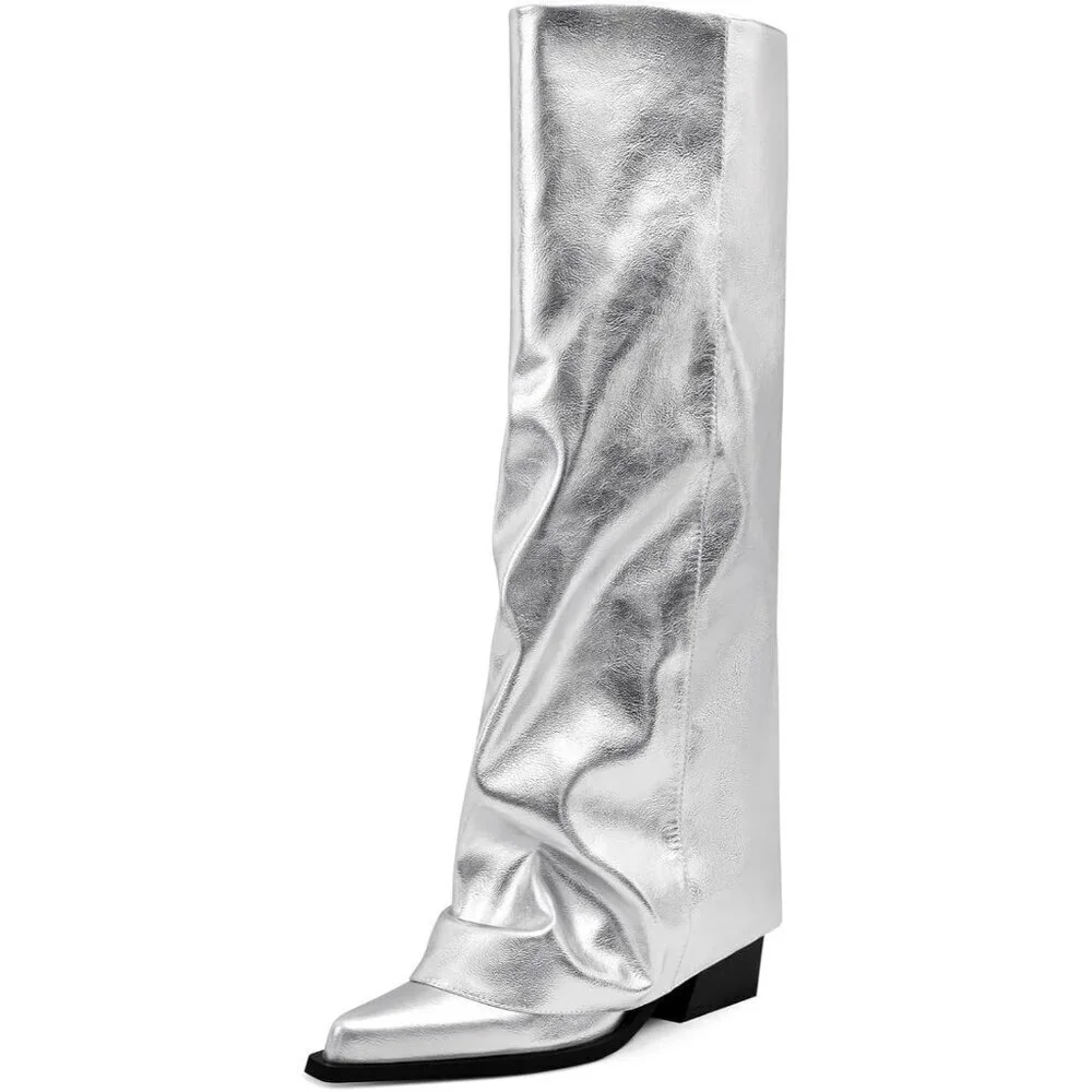 Women Silver Wide Calf Slouchy Shark Pointed Toe  Fold Over Knee High Tall Boots